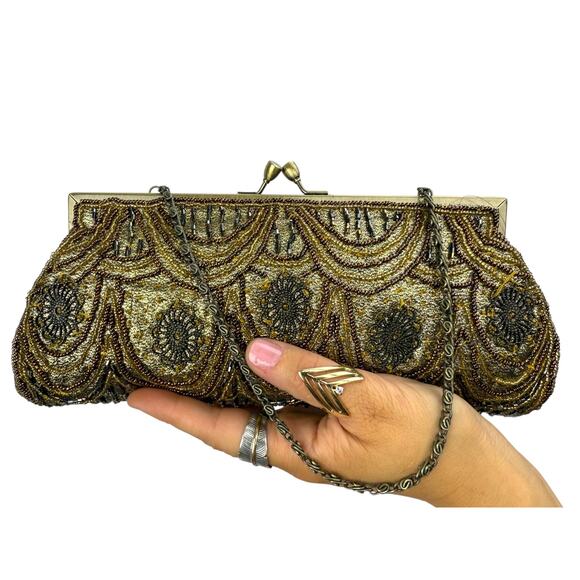 Vintage CARLO FELLINI metallic gold lame fabric beaded mini purse - Picture 1 of 6